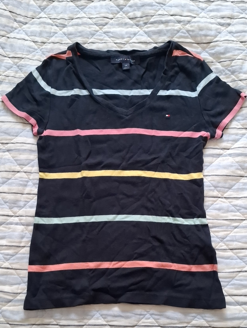 Tommy Hilfiger Black V-Neck Tee with Pink, Yellow, Light Blue Stripes